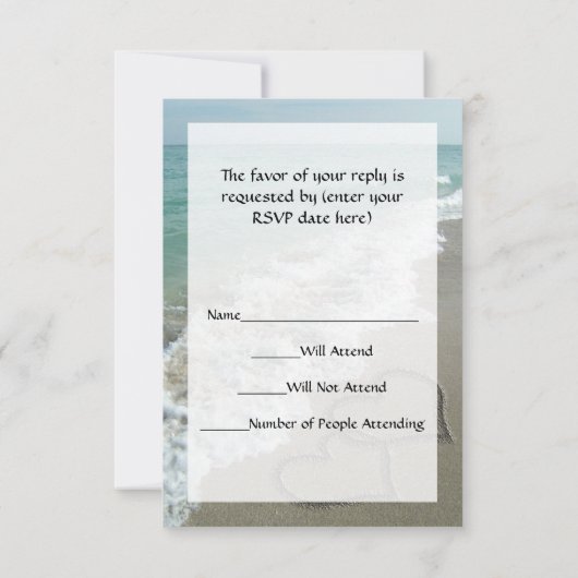 Matching Sand Hearts am Strand, Romantischer Ozean RSVP Karte (Rückseite)