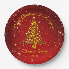 Matching Set Christmas Red Gold Tree Stars Name 9" Pappteller