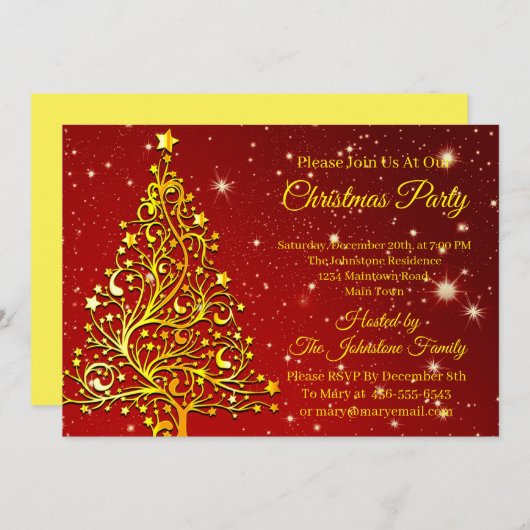 Matching Set Christmas Red Gold Tree Stars Name Einladung (Vorne/Hinten)