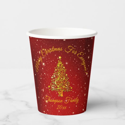 Matching Set Christmas Red Gold Tree Stars Name Pappbecher (Vorderseite)