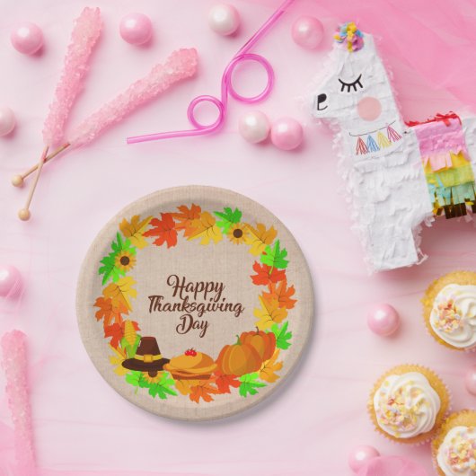 Matching Set Erntedank Green Gold Wreath Hat 7" Pappteller (Party)