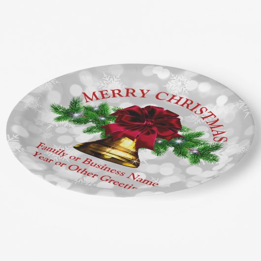 Matching Set - Gold Bell Red Bow Christmas 20xx 9" Pappteller (Schrägansicht)