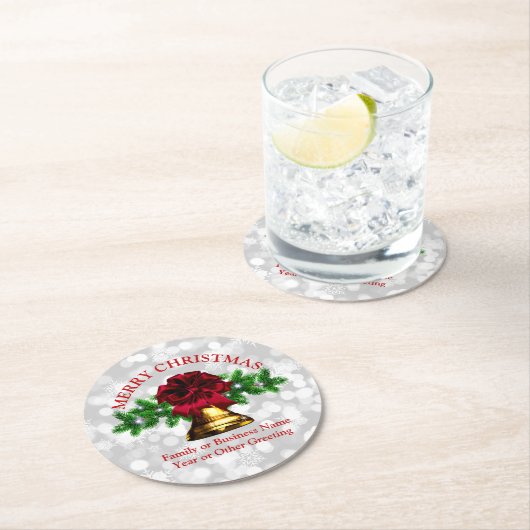 Matching Set Gold Bell Red Bow Weihnachten Runder Pappuntersetzer (Vor Ort)