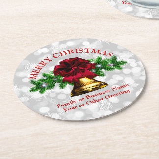 Matching Set Gold Bell Red Bow Weihnachten Runder Pappuntersetzer