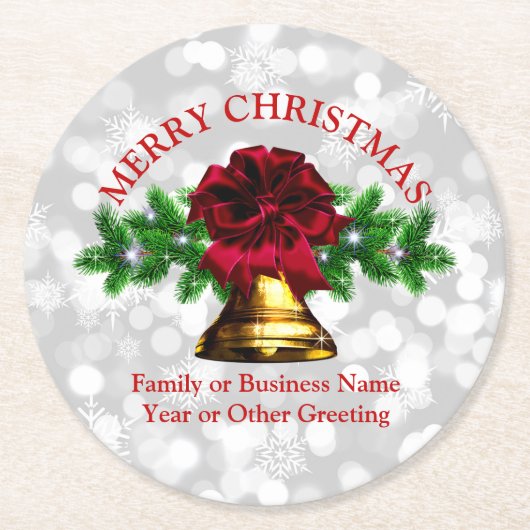 Matching Set Gold Bell Red Bow Weihnachten Runder Pappuntersetzer (Vorderseite)