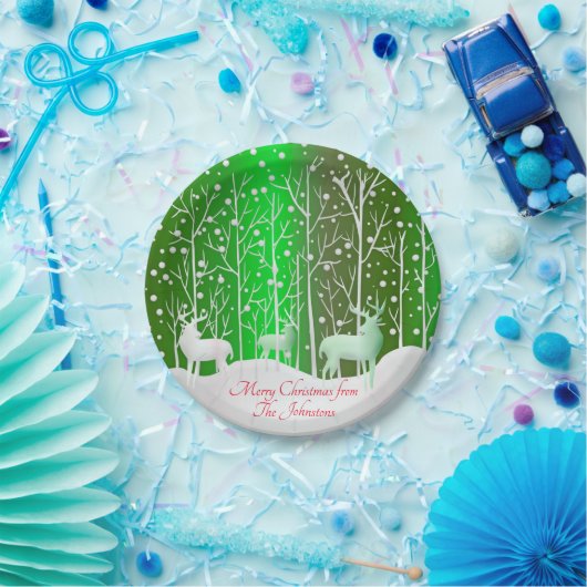 Matching Set White Reindeer Edit Name Green 7" Pappteller (Party)