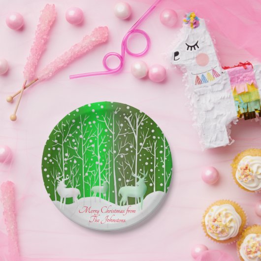 Matching Set White Reindeer Edit Name Green 7" Pappteller (Party)
