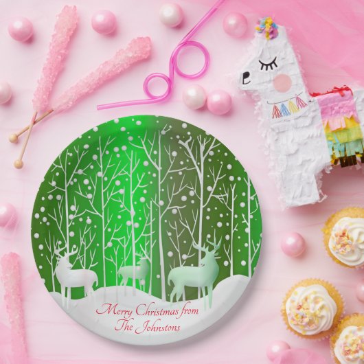 Matching Set White Reindeer Edit Name Green 9" Pappteller (Party)