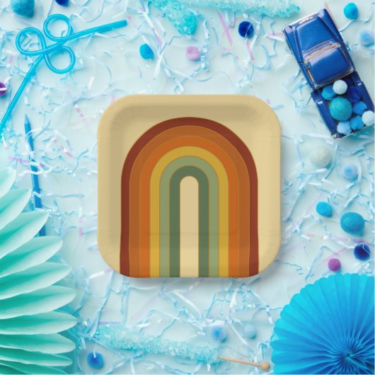 Mated Retro Groovy Layered Rainbow Square Pappteller (Party)