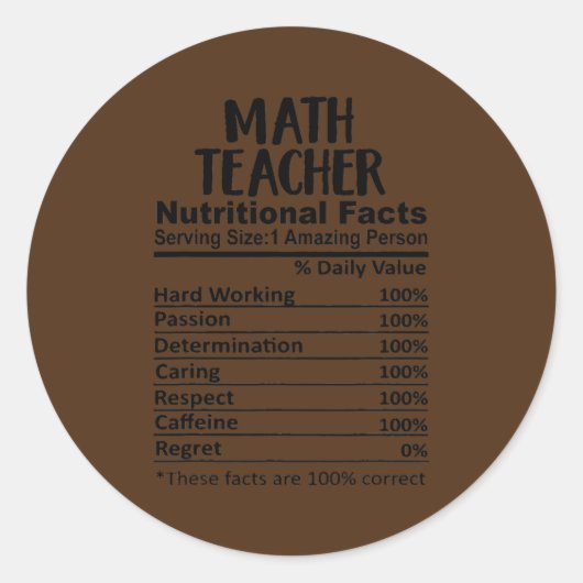 Math Teacher Nutrition Facts Runder Aufkleber (Vorderseite)