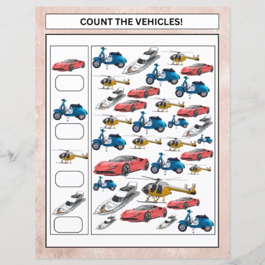 Math Worksheet Count the Animals & Vehicles Kids (Rückseite)