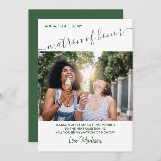 Matron of Honor Green and White Foto Vorschlag Einladung (Vorne/Hinten)