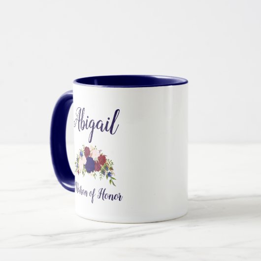 Matron of Honor Navy Blue Marsala Floral Wedding Tasse (Vorderseite Links)