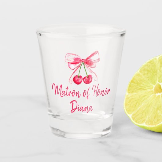 Matron of Honor Pink Bow Coquette Wedding Schnapsglas (Vorderseite)