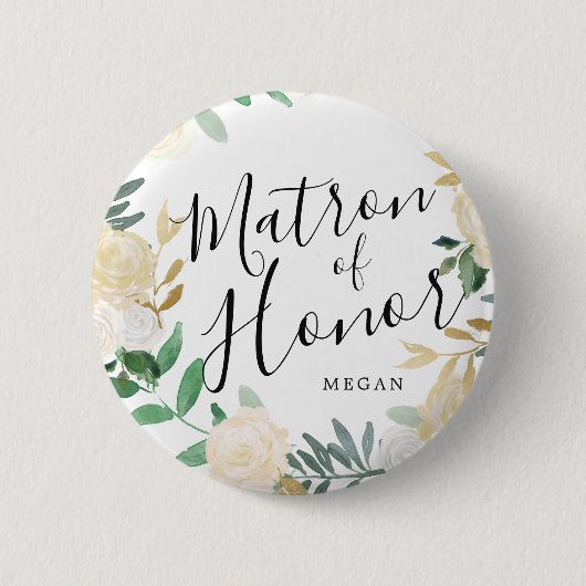 Matron of Honor White Rose Bouquet Custom Wedding Button (Vorderseite)