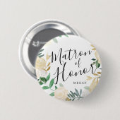 Matron of Honor White Rose Bouquet Custom Wedding Button (Vorne & Hinten)