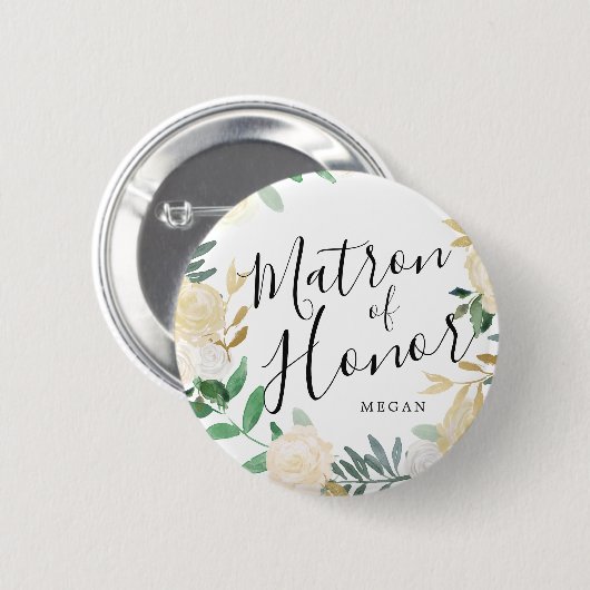 Matron of Honor White Rose Bouquet Custom Wedding Button (Vorne & Hinten)