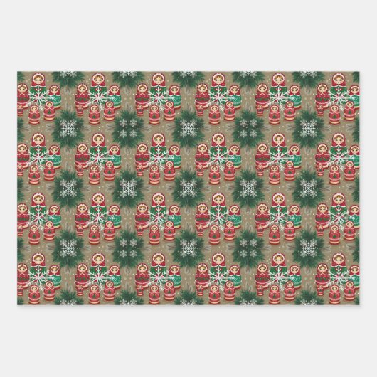 Matryoshka Russische Nesting Puppen Babushka Winte Geschenkpapier Set (Vorderseite)