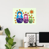 Matryoshka Russische Puppen & Sonnenblumen hellgrü Poster (Heimbüro)