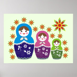 Matryoshka Russische Puppen & Sonnenblumen hellgrü Poster