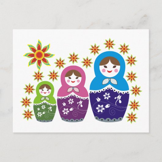 Matryoshka Russische Puppen & Sonnenblumen Postkarte (Vorderseite)