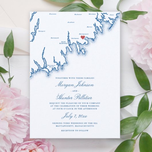 Mattapoisett MA Map Elegant Navy Blue Wedding Einladung