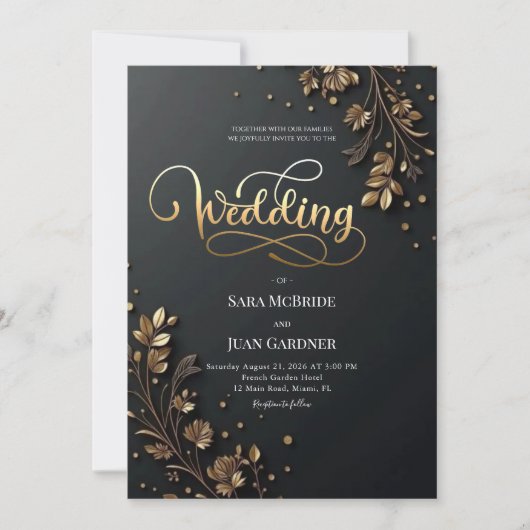 Matte Black & 3D Gold Leaf Botanical Motifs Einladung (Vorderseite)