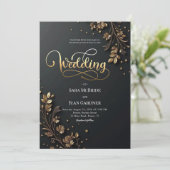 Matte Black & 3D Gold Leaf Botanical Motifs Einladung (Stehend Vorderseite)