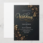 Matte Black & 3D Gold Leaf Botanical Motifs Einladung (Vorne/Hinten)