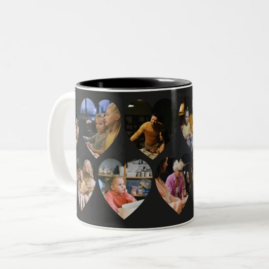 Matte Black Photo Collage Mug with Heart Frames Zweifarbige Tasse (Vorderseite Links)