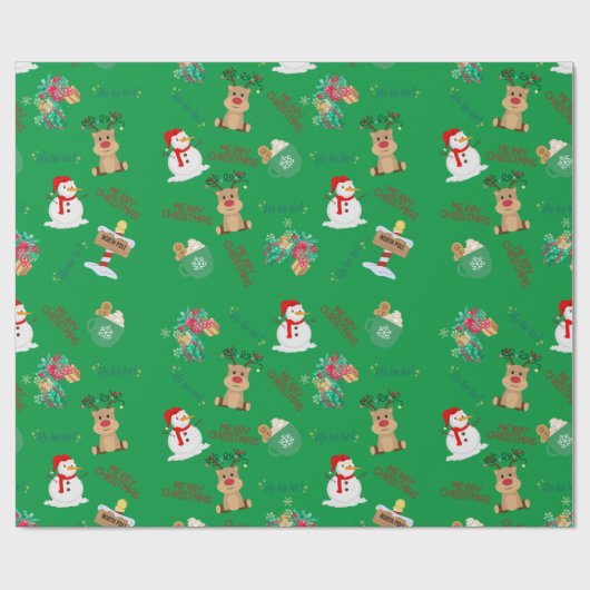 Matte Christmas Green Background Rentier, Snowman Geschenkpapier (Flach)