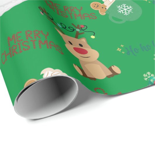 Matte Christmas Green Background Rentier, Snowman Geschenkpapier (Rolleneckpunkt)