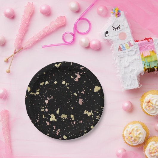 Matte Gold und Rose Gold Flakes Black Pappteller (Party)