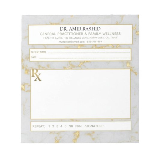 Matte Gold White Grey Marble Doctor Prescription Notizblock (Vorderseite)