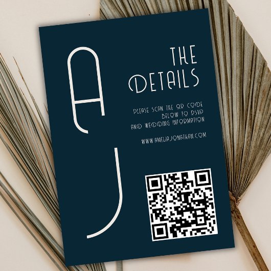 Matte Monogramm Minimal QR-Code Hochzeit Navy Blau Begleitkarte