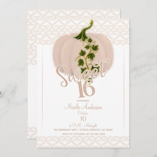 Matte Pink Pumpkin Sweet 16 Hearts Birthday Party Einladung (Vorne/Hinten)