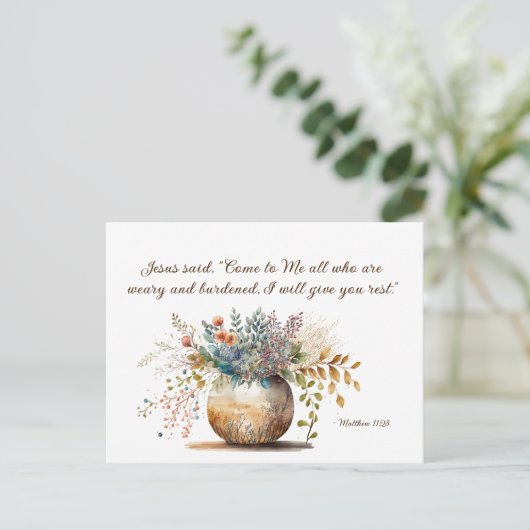 Matthew 11:28 Jesus sagte, Komm zu mir Bibel Verse Postkarte (Stehend Vorderseite)