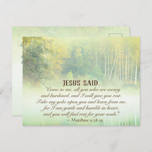 Matthew 11:28 Komm zu mir, ich werde dir Erholung  Postkarte (Vorne/Hinten)