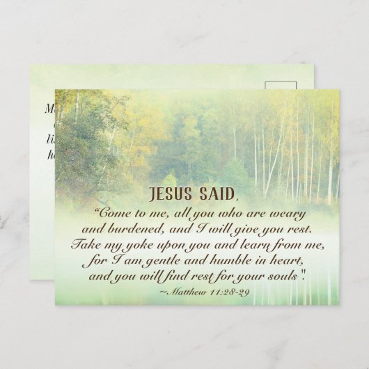 Matthew 11:28 Komm zu mir, ich werde dir Erholung  Postkarte (Vorne/Hinten)