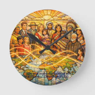 Matthew 28:19 Bleiglas-Jüngerschaft-Uhr Runde Wanduhr