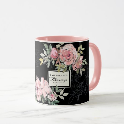 Matthew 28:20 Ich bin bei Ihnen immer rosa Blume Tasse (VorderseiteRechts)