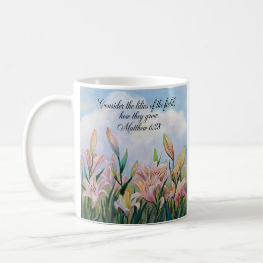 Matthew 6:28 Aquarellfarben Lilies Kaffeetasse (Links)