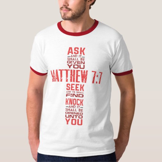 Matthew 7:7 Bible Verse Cross Herren Ringer T-Shirt (Vorderseite)
