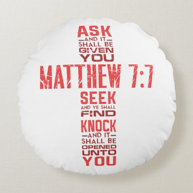 Matthew 7:7 Bible Verse Cross Rundes Kissen (Vorderseite)