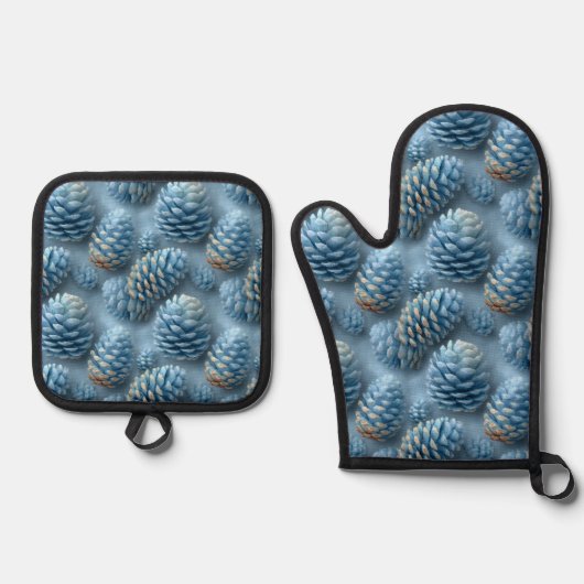 Mattiert-Blaue Pinecones Ofenhandschuh & Topflappen-Set (Vorderseite)