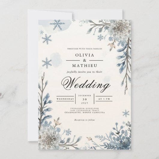 Mattiert Blue Winter Bloom Wedding Einladung (Vorderseite)