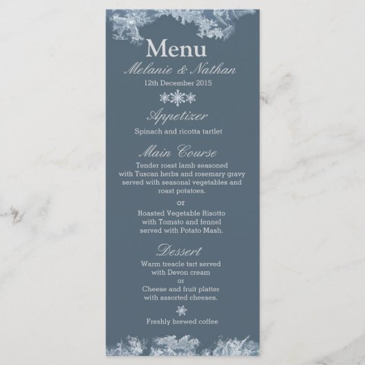 Mattiert Blue Winter Wedding Custom Menükarte (Vorderseite)