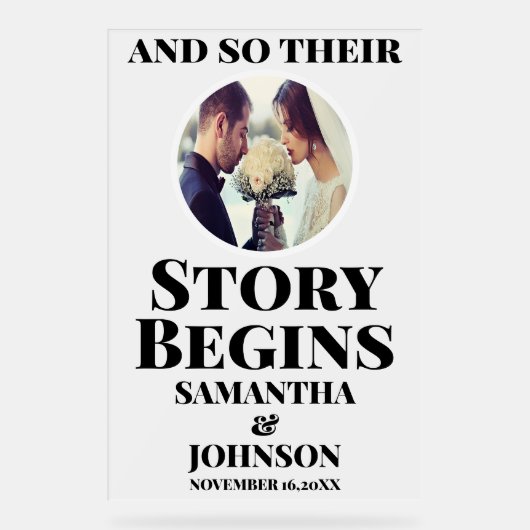 Mattierte Akrylstory beginnt Hochzeit Begrüßung Be Acrylschild (Vorderseite)