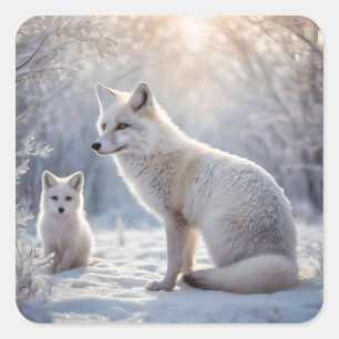 "Mattierte Anleihen: The Arctic Fox and their Cub" Quadratischer Aufkleber