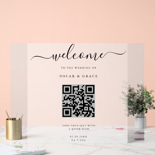 Mattierte Begrüßungssitze mit QR-Code Acrylschild (Hochzeit)